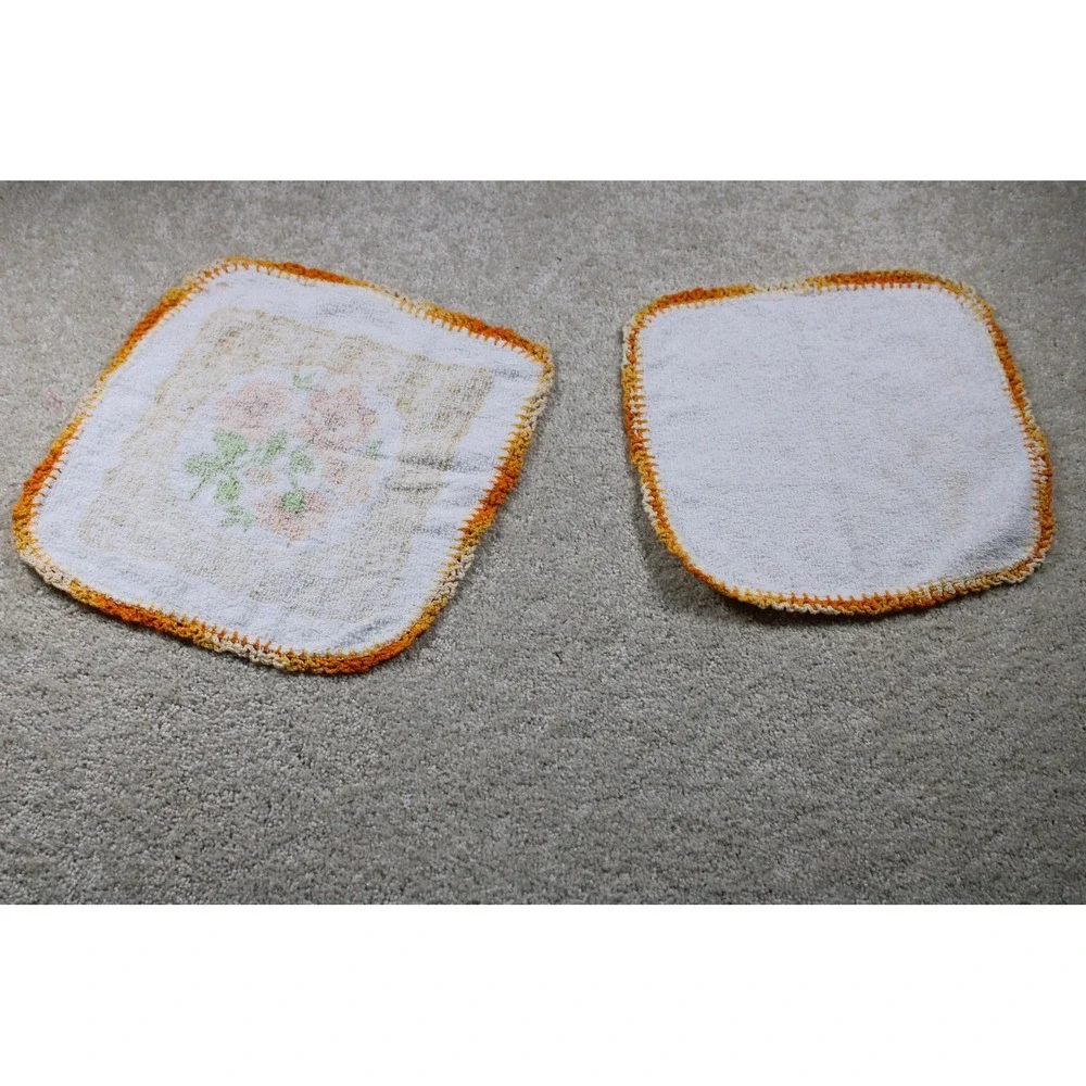 Vintage Handmade Crochet‎ Edge Washcloths Set of 2 Floral 12in Bathroom Towels